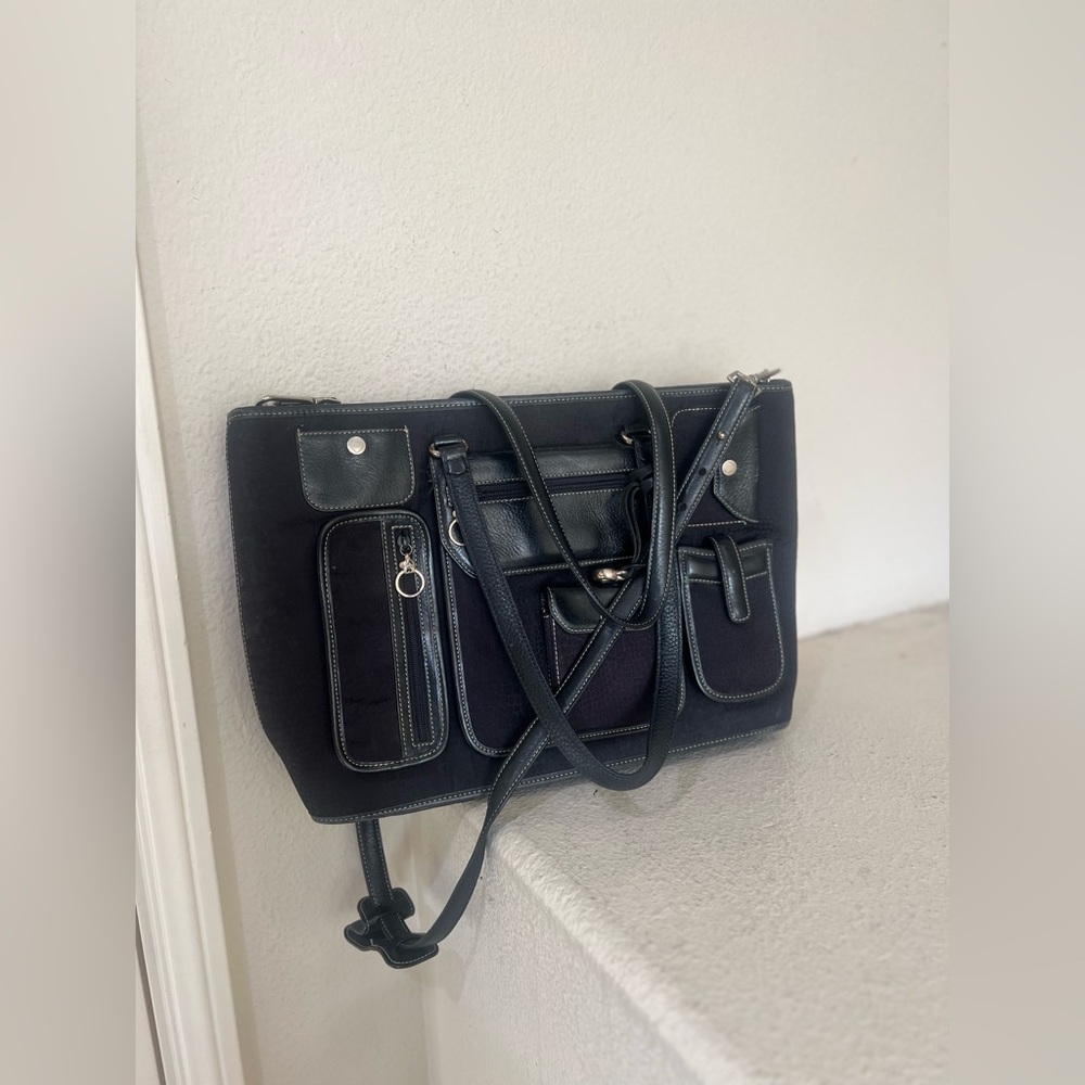 Brighton for Business Black Multi Pocket Canvas and Leather Laptop Tote Bag
